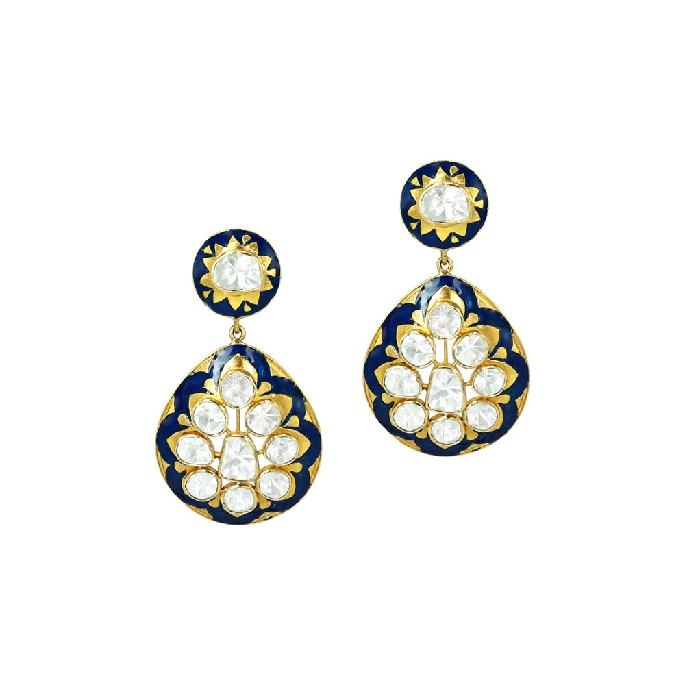 Navy Enamel Drop Earrings with Floral Polkis